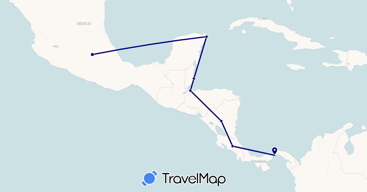 TravelMap itinerary: driving in Belize, Costa Rica, Guatemala, Mexico, Nicaragua, Panama (North America)